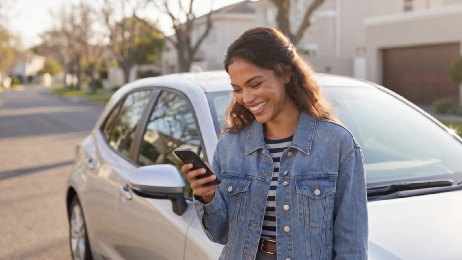 Une conductrice Wilsoft Go consulte l'app près de sa voiture