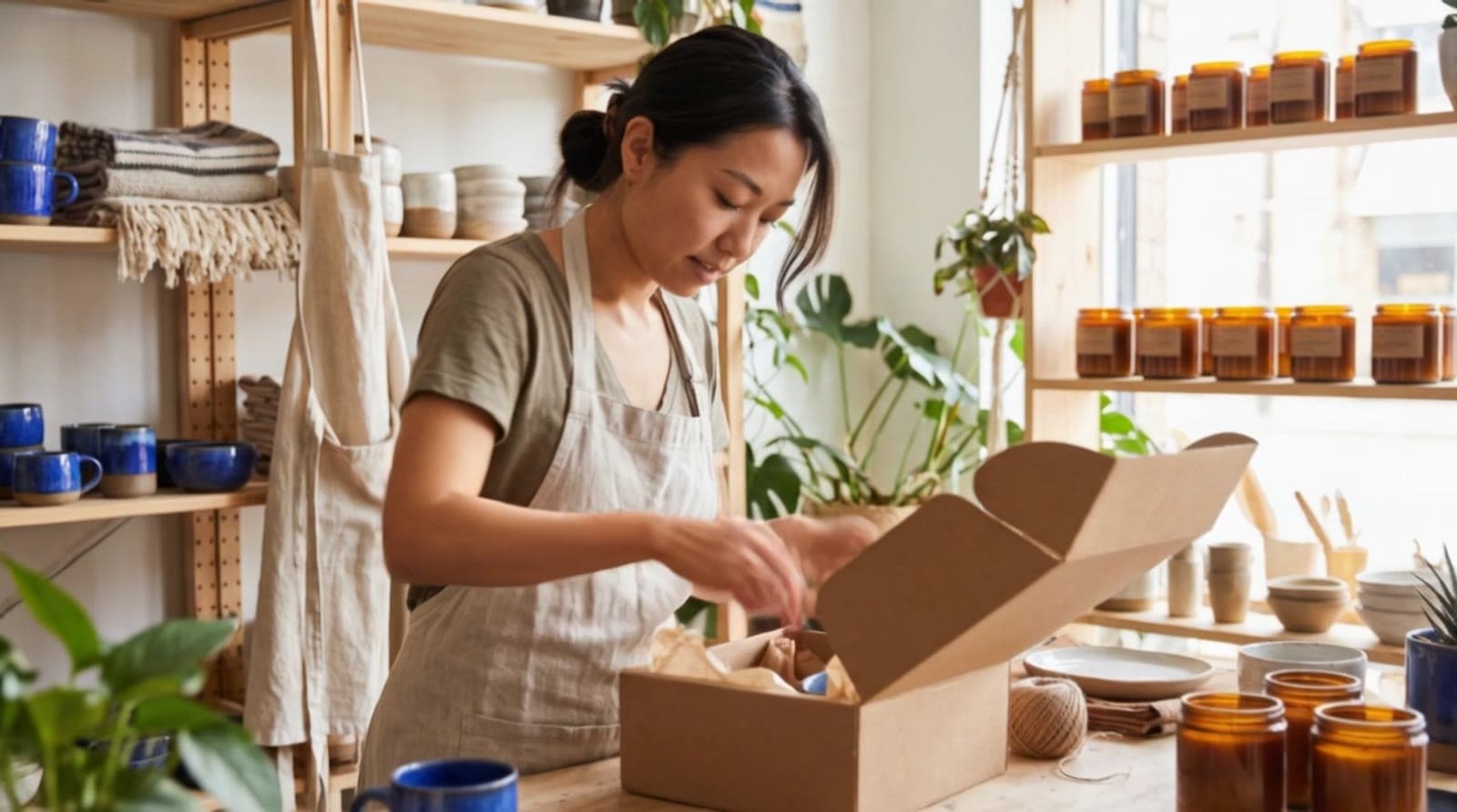 Une artisane emballe une commande dans son atelier