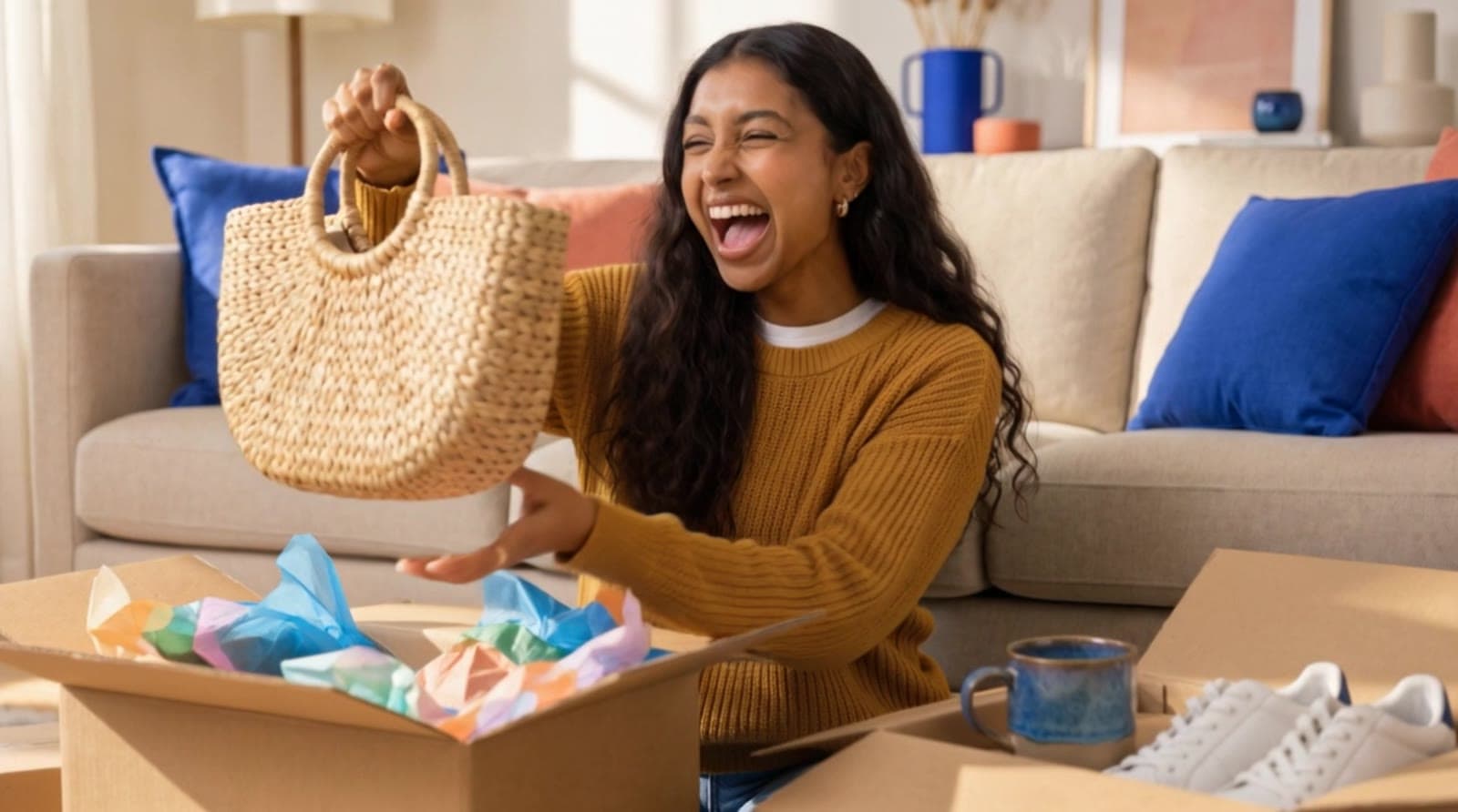 Une cliente ravie déballe sa commande WilsoftMarket dans son salon